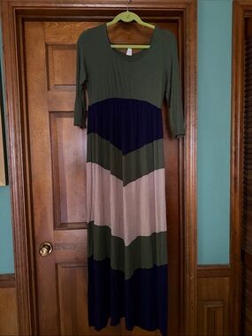 Olive Green Colorblock Maxi Dress with Navy and Blush Panels